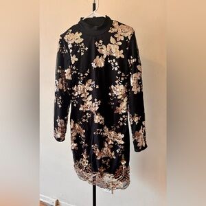 Women’s Black Lace Dress with Gold Floral Sequin Design . Size L / XL